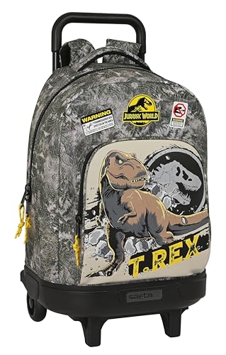 Safta JURASSIC WORLD WARNING - Mochila Grande con Ruedas, Compacta, Extraíble, Ideal para Niños de Diferentes Edades, Cómoda y Versátil, Calidad y Resistencia, 33x22x45 cm, Color Gris
