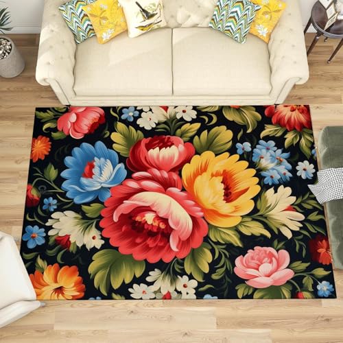 Tapis résistant aux taches lavable pivoine vert armée