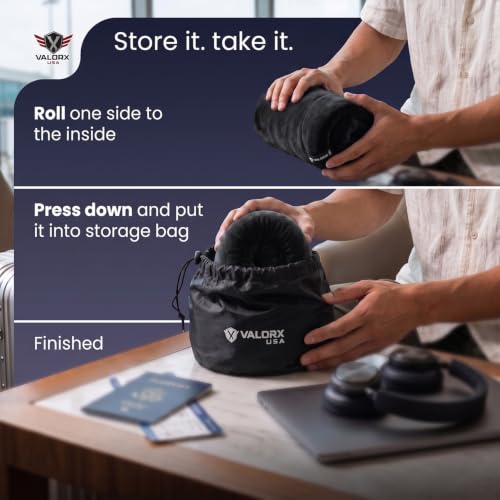 Image of Premium Memory Foam Neck Pillow by ValorX USA for Travelling 360 Neck Support with Ultra-Soft Lightweight Velvet Cover & Free Travel Pouch, Black