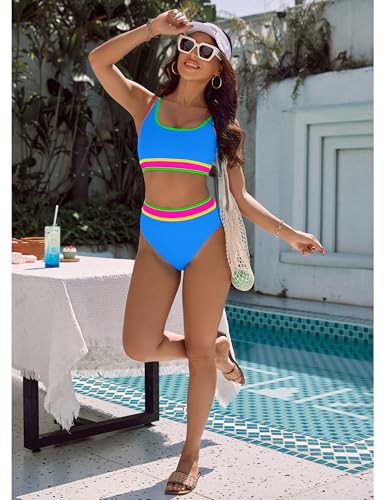 Image of BMJL Women's High Waisted Bikini Sets Sporty Two Piece Swimsuits Color Block Tummy Control Modest Bathing Suit