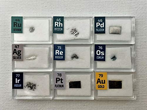 Juego de metales preciosos con osmio, iridio, oro y rutenio para comprobar densidad elemental