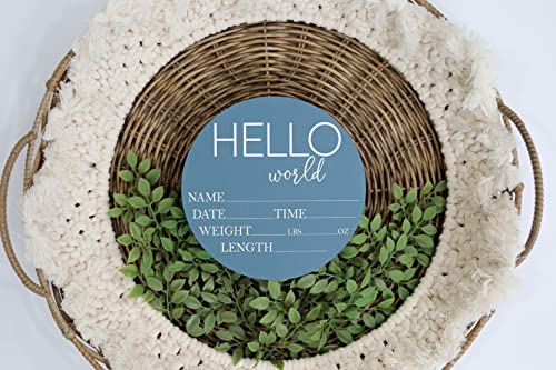 Image of Baby Announcement Sign for Newborn Boys and Girls (Color Bases) - Hello World Nursery Decor Sign & Photo Prop for Babies Made of Birch Wood - 6 inch Circle Board (Blue)