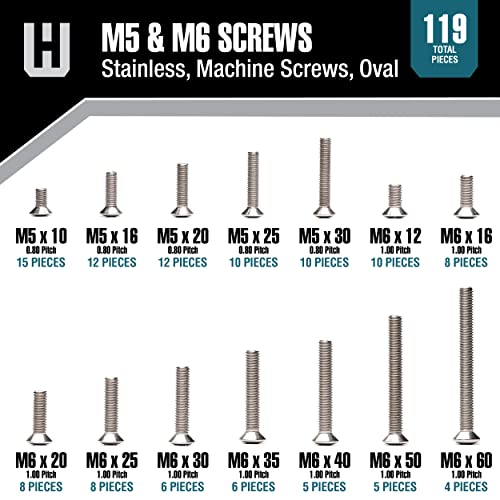 Image of 119 Piece Fastener Assortment Kit, Metric Stainless Steel Oval Phillips Machine Screw Set, M5 and M6 Diameters, Gray, Stainless Steel