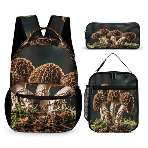 3Pcs Backpack Sets Good Morels Print Travel Daypack 3 in 1 Lightweight Backpack Set with Lunch Bag And Cosmetic Bag
