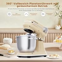 SUNCOK Küchenmaschine 1500W, Küchengerät mit 2x Edelstahl-Rührschüsseln 4,5 & 5,5L, 12 Geschwindigkeiten, Geräuscharm, Küchenmixer, Teigmaschine mit Rührhaken, Knethaken, Schlagbesen und Spritzschutz – Ansicht 5