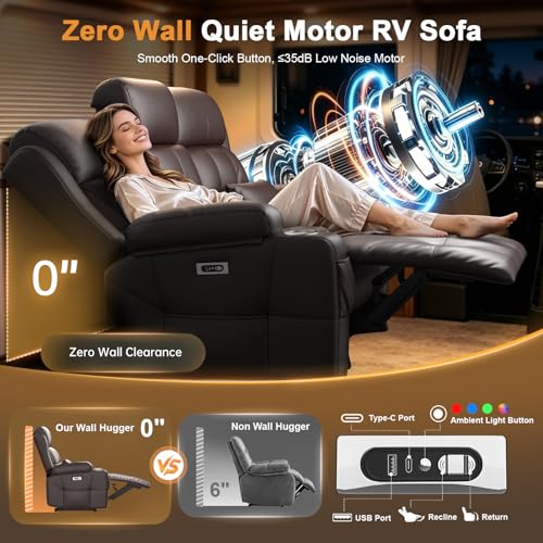 Image of Home Theater Seating, Power Loveseat Recliner Sofa with Massage & Heat, Wall Hugger Reclining Loveseat with USB, RV Couch with LED Lights, Flip Backrest, Cup Holders for Movie Theater & Gaming Room