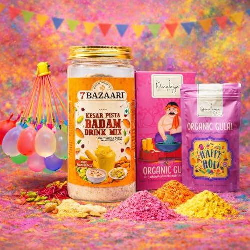 Image of 7BAZAARI Holi Gift Hamper with Kesar Pista Badam Drink Mix 225g | Premium Holi Gift Box for Gifting, Return Gifts, Employees, Kids & Family | Unique Holi Gifts