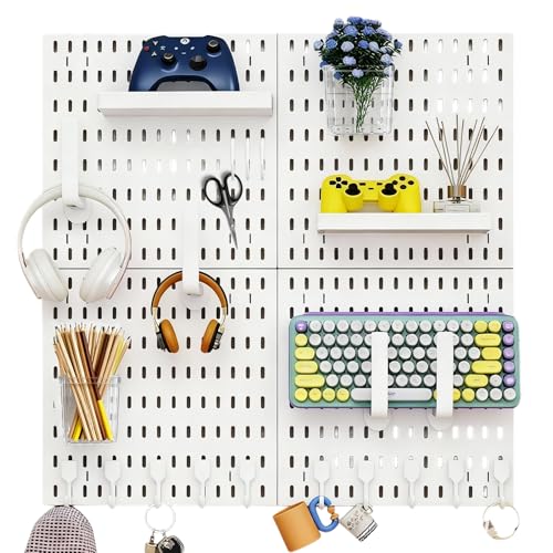 Stecktafel-Kombinationsset Weiß Kunststoff Gitter Wand Komplettset mit 4 Fliesen Zubehör für Gaming-Setup Computertischzubehör Mit Halterungen & Haken Headset-Ständer Zubehör-Werkzeug-Aufbewahrungss