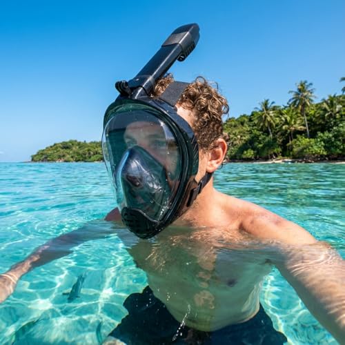 Image of Proberos Full Face Snorkel Mask for Teens & Adult, 180 Degree Panoramic HD Anti Fog Snorkeling Mask with with Dry Top Breathing System & Camera Mount Rack, for Snorkeling Diving Sightseeing, Size-L
