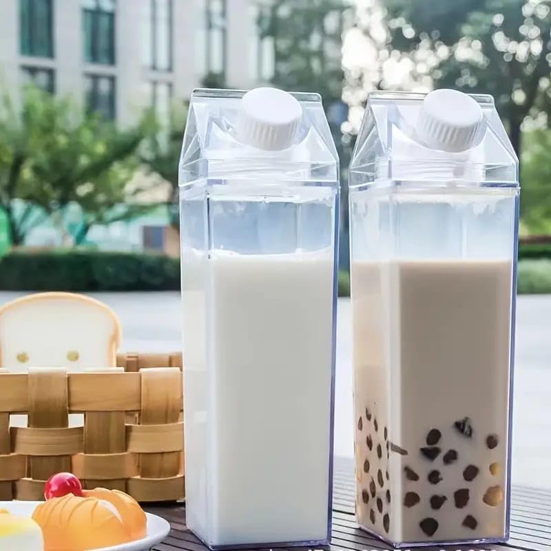 Image of 1000ML Milk Carton Water Bottle, Clear Plastic Milk Box Portable Leakproof Square Juice Bottle for Outdoor Sports Travel Camping (2 Pcs)