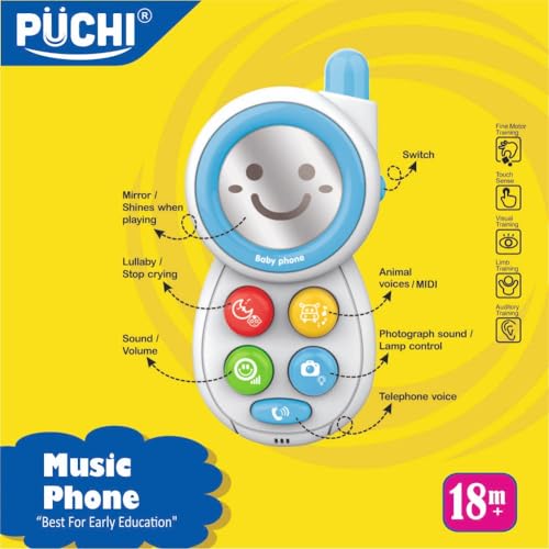 Image of PUCHI Children's Interactive Phone - Blue Toy Smartphone with Lights, Sounds & Mirror, Fun Learning Toy for Toddlers & Kids