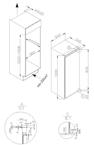Amica Einbau‑Vollraum‑Kühlschrank Schlepptür‑Technik 1020 mm Nische elektronische Steuerung Inverter‑Motor LED‑Beleuchtung 102 x 54 x 54 cm – Einbaukuehlschrank