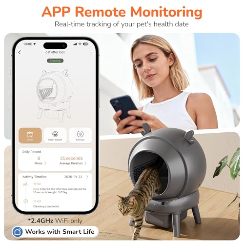 Automatic Self Cleaning Litter Box, Cat Litter Box with APP Control, 65L Globe & Dual Safety Sensors, Robot Litter Box, 1 Roll Garbage Bags and Litter Mat, <35DB, for Multiple Cats, Grey - Image 5