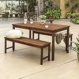 Walker Edison Dominica Contemporary 3 Piece Slatted Acacia Wood Outdoor Dining Table and Bench Set,...