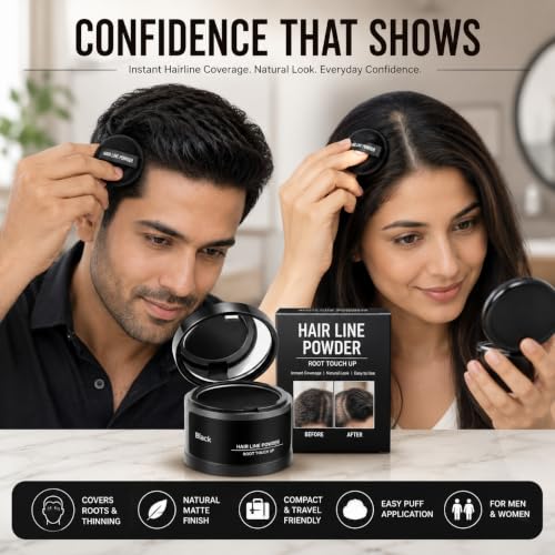 Image of Hair Line Powder Root Touch Up | Hairline Shadow Powder with Puff Applicator | Instant Hair Root Cover for Thinning Hair, Grey Roots & Bald Spots | Natural Matte Finish | Black