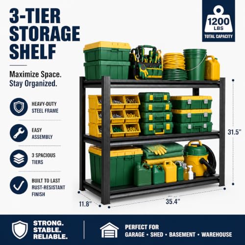 Image of Garage Shelving Heavy Duty Shelving Unit, 1200 LBS 3-Tier Adjustable Boltless Storage Rack, Organizer for Garage Warehouse Kitchen Basement Workshop Household Supplies, 31.5 inchH x 35.4 inchW x 11.8 inchD, Black