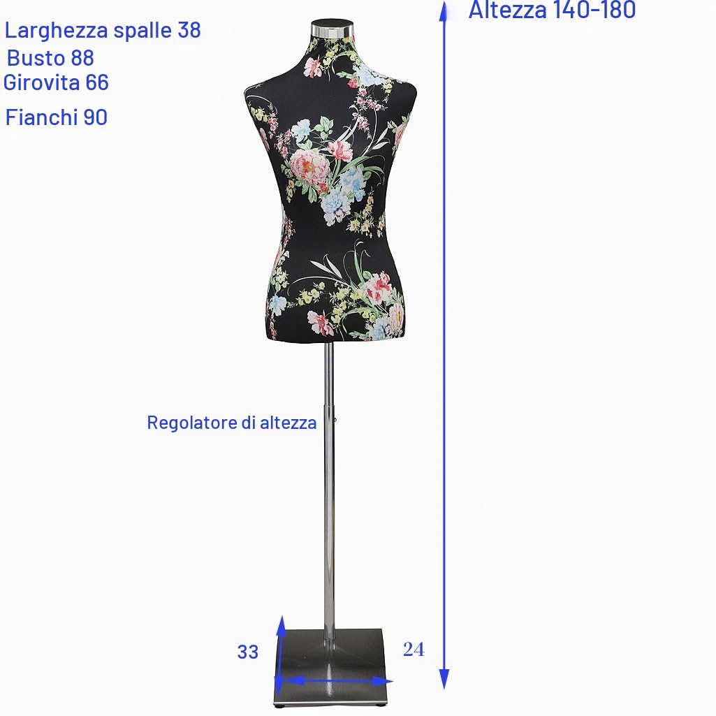 Loywe Manichino da sartoria, busto Torso da Donna per vetrine, con altezza regolabile Base quadrata in metallo Gr. 36/38 Nero e rosso LW6022