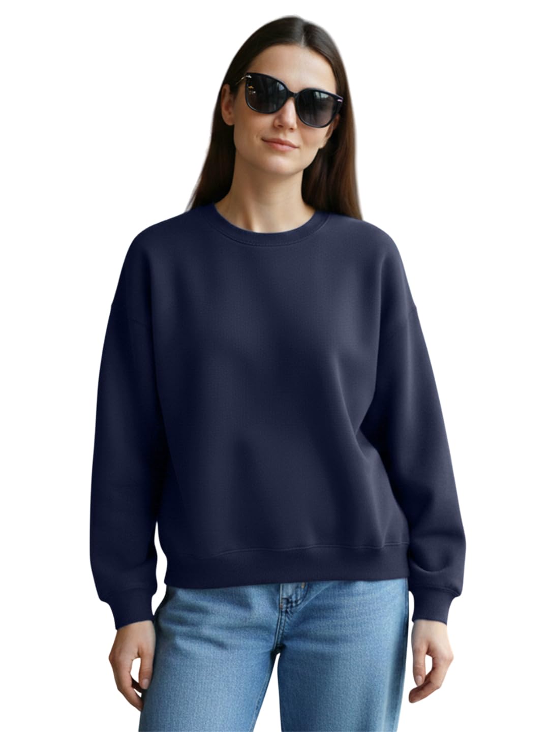 leotude Women's Full Sleeve Round Neck Loopknit Loose Fit Solid Sweatshirt for Women (Colour Navy)-picture-11