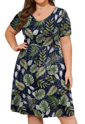 Image of DB MOON Women Plus Size Summer Dresses Casual V Neck Short Sleeve Knee Length Dress with Pockets
