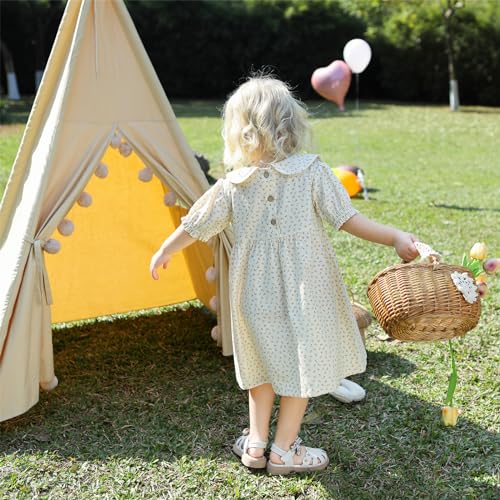 Peter Pan Dress Girls Summer Puff Sleeved Girls Floral Dress Back Wood Buttons Boutique Girls Casual Dress3