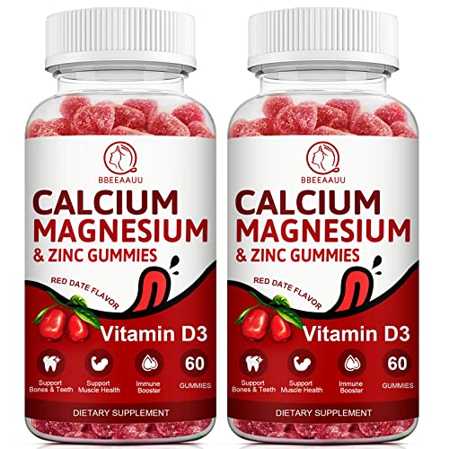 Calcium, Magnesium, Zinc & Vitamin D Gummies - 2 Pack | Vitamins for Women, Men & Kids | Calcium Supplements for Strong Healthy Bones, Zinc Gummies, Gluten-Free, Vegan - 120 Count