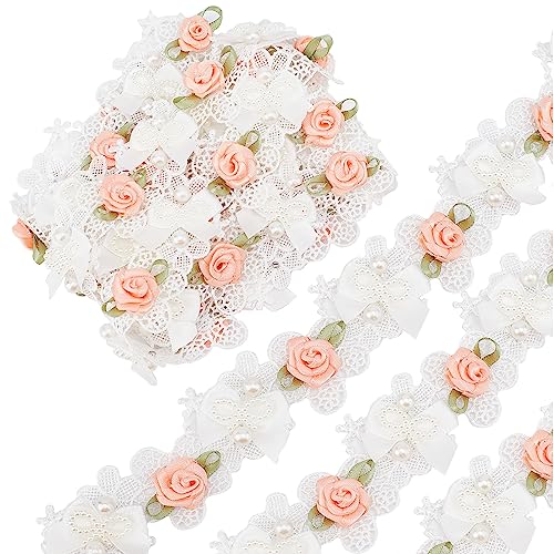 GORGECRAFT 3 Yards Pearl Flower Beads Lace Edge Trim 35mm Width White Edging Trimmings Ribbon Rose Beads Bow Embroidered Floral Applique Fabric for DIY Sewing Craft Clothes Wedding Dress Embellishment
