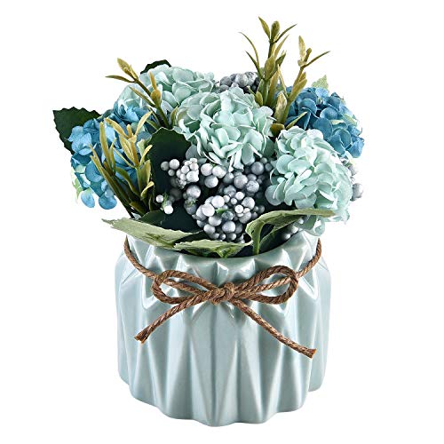 potted hydrangea - Artflower Artificial Hydrangea Bouquet with Small Ceramic Vase Fake Hydrangea Flower Potted Artificial Fake Variety Silk Flower Bonsai for Home Office Party Festival Wedding Table Decor(Blue)