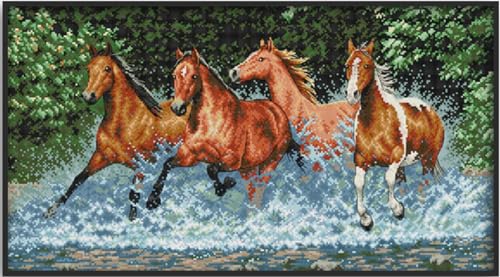 Image of Aiorkeng Cross Stitch Kits Stamped Full Range of Embroidery Starter Kits for Adults Beginners DIY 11CT 3 Strands -Printed kit Horses(Printed) 30.3x18.1inches