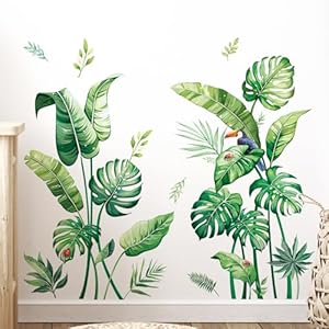 Tanlaby Tropical Palm Leaves Wall Stickers Large Monstera Leaf Wall Decals Green Plants Birds Peel and Stick Art Decor for Living Room Bedroom Office TV Background