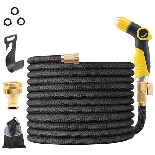 Expandable Garden Hose, with 8-Pattern Nozzle, 1/2' & 3/4' Convertible Connectors, Retractable Water Hose High Pressure for Car Wash & Lawn Watering (25FT)