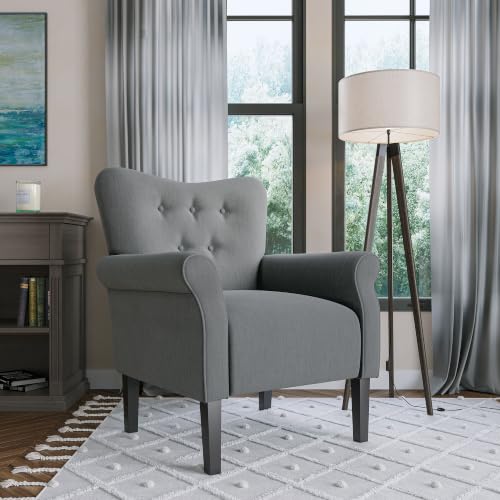 Image of BELLEZE Modern Accent Chair, High Back Armchair, Upholstered Wingback Side Chair, Padded Single Sofa with Wooden Legs for Living Room, Bedroom - Gray