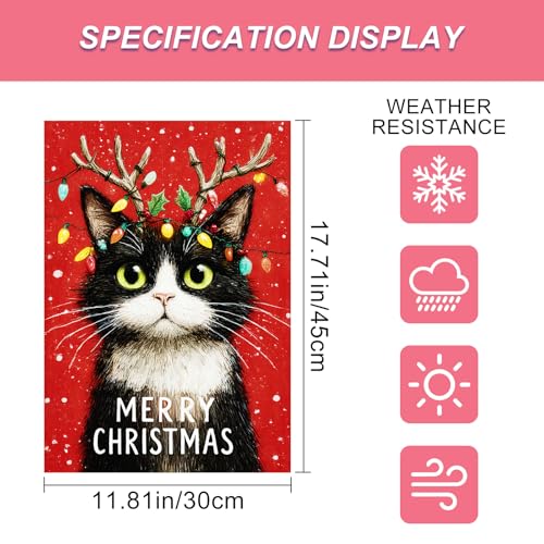 Image of BlissYard Christmas Garden Flag 12x18 Inch Welcome Cat Yard Flag Double Sided Outdoor Banner with Reindeer Antlers and Red Snow Background for Porch Lawn Patio