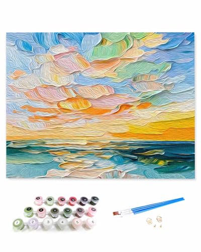 VamJump 数字油絵 手塗り 抽象芸術 シンプルなスタイル ビーチ 印象派様式 落日 油絵 DIY絵 初心者 時間をつぶす 壁飾り アートクラフト 絵画手芸キッ 絵の具をつける 塗りつぶし掛け 50x60cm