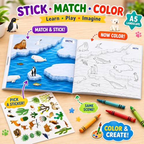 Image of Animal Habitat 500+ Kids Sticker & Coloring Activity Book, 12 Animal Scenes & 12 Coloring Pages, Stick Match Colour & Discover, A5 Landscape Travel Activity Book for Ages 2-8 Years