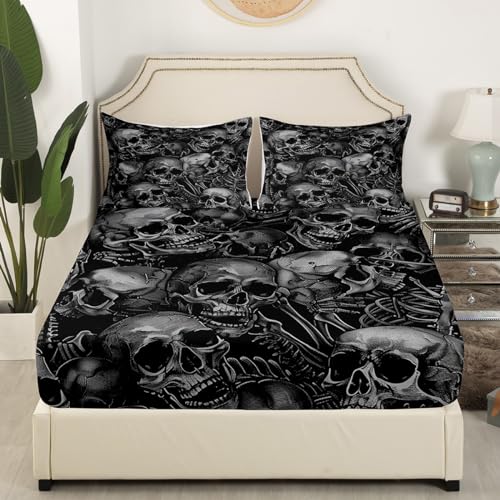 Feelyou Sugar Skull Bed Sheets Set Gothic Skeleton Sheet Set For Kids Boys Girls Teens Room Decor Pesonalized Skeleton Bones Sheets With Deep Pocket Fitted Sheet Halloween Themed Grey Bedding Set 3Pcs Twin thumb #3