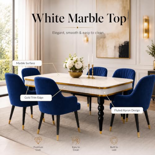 Image of 6-Seater Dining Table Set with Nano Composite Marble Top | Golden PVC Wooden Base | Includes 6 Fabric Upholstered Chairs | 2 Year Warranty | Dining Room Furniture Set for Home (Blue)