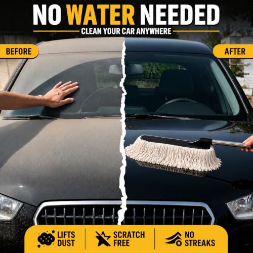 Image of H HANUMANT ENTERPRISE Swift Swipe Car Duster with Paraffin Wax-Treated Cotton Strands | Scratch-Free & Lint-Free Car Cleaning Brush | Long Handle | Reusable Waterless Dust Cleaner for Car, SUV & Bike