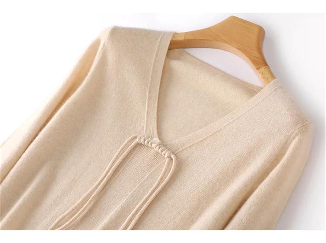 Abito da donna in maglia di lana merino, con scollo a V, con bottoni, a maniche lunghe, caldo, per autunno e inverno, rosso, L