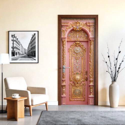 Image of Pink Baroque Door Mural, Ornate Gold Door Cover, 30.3x78.7in