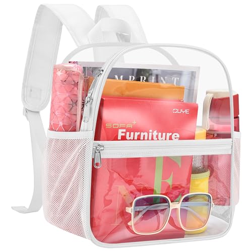 Image of Busiuw Clear Backpack for Stadium Events 12x12x6 Mini Small Sports Fan Backpacks with Front Pocket for Concert Sport Events Work Travel(White)