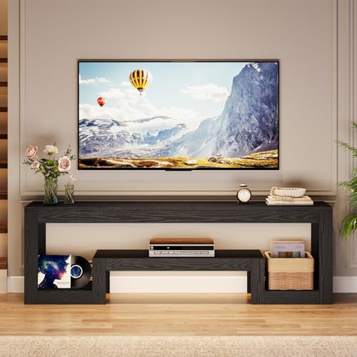 Image of Tribesigns 63 inch TV Stand for 55 /60 /65 /75-Inch TVs, Farmhouse Entertainment Center with Open Storage Shelves, Television Stands TV Console for Living Room, Bedroom, Black