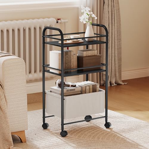 YITAHOME metal storage trolley on wheels, 3 Tier kitchen trolley, storage cart with Woven Basket, Lockable Wheels, Handle, book cart for office, Kitchen Bathroom Living Room Studio Small Spaces, Black