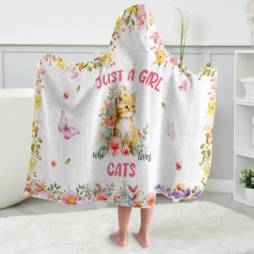Image of Cat Hooded Bath Towels for Girls,Soft Cotton Swimming Shower Beach Blanket (Cat)
