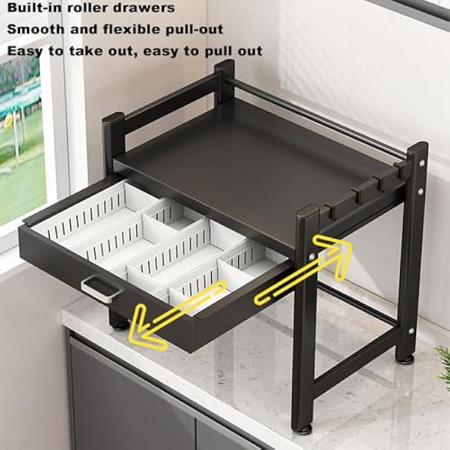 Dxcaicc Microwave Oven Rack,Kitchen Toaster Stand with Drawer,Chopstick Holder, Hooks,Countertop Organizer for Utensils Tableware,Black