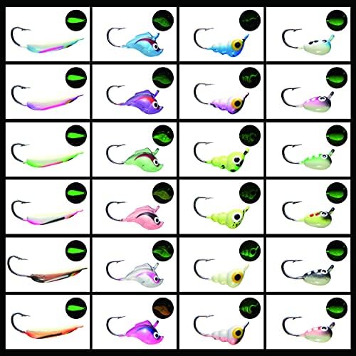 BASSDASH Ice Fishing Lure Kit Glowing Paint Jigs for Winter Ice Jigging Crappie Sunfish Perch Walleye Pike with Tackle Box Detail