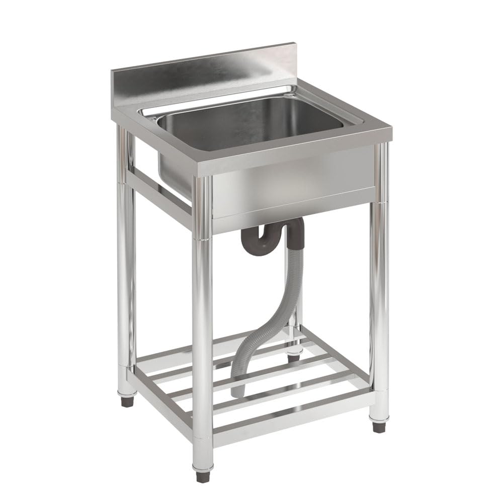 Lavello da cucina in acciaio inox, per ristorante, con scarico e ripiano portaoggetti, lavello per catering con foro per rubinetto, lavello da esterno autoportante per cucina (senza rubinetto)