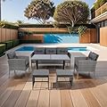 DHPM Dining Set 6-Piece Patio Outdoor, Wicker Furniture Set of 8 Rattan Chairs with Soft Cushions and Square Table,Backyard ConversationSet