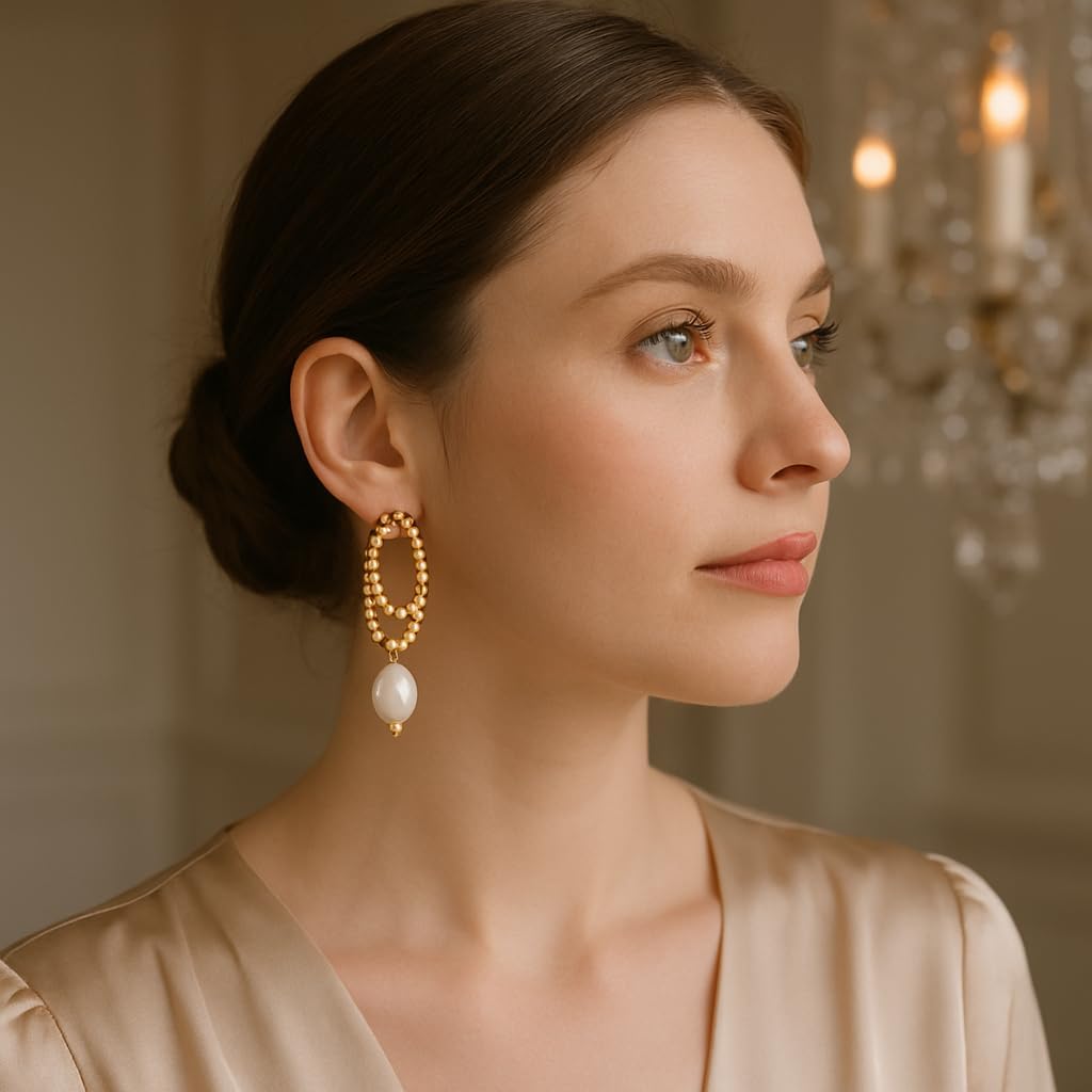 Gold Pearl Dangle Earrings for Women, 18K Gold Plated Fresh Water Pearl Drop Huggie Hoop Earrings, Hypoallergenic Dainty Gold Earrings Wedding Jewelry Gifts for Women Trendy