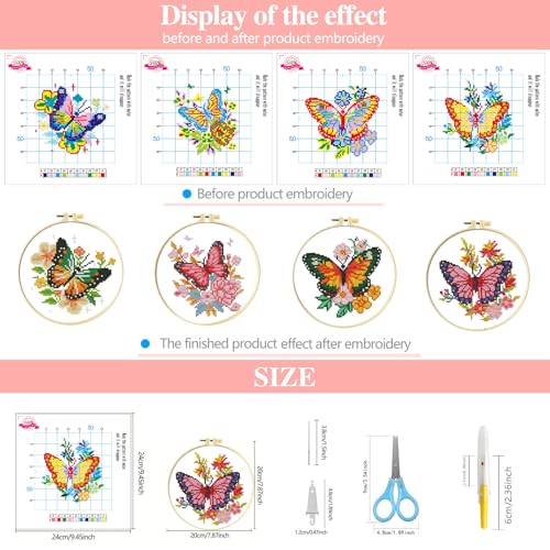 Image of Zhenqing 4 Butterflies Cross Stitch Kit for Beginners, 11CT Printed 20x20cm with Hoop, Floral Butterfly Embroidery Set(68093)