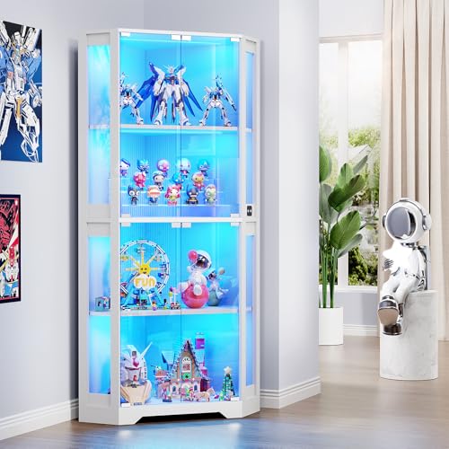BROTTAR Eckvitrine mit Glastüren, Tall 165cm Eck Bücherregal mit 3 Farben Led Beleuchtung, 4-Ebenen Vitrinenschrank mit Intelligente Sensorik für Wohnzimmer Schlafzimmer Büro, Weiß